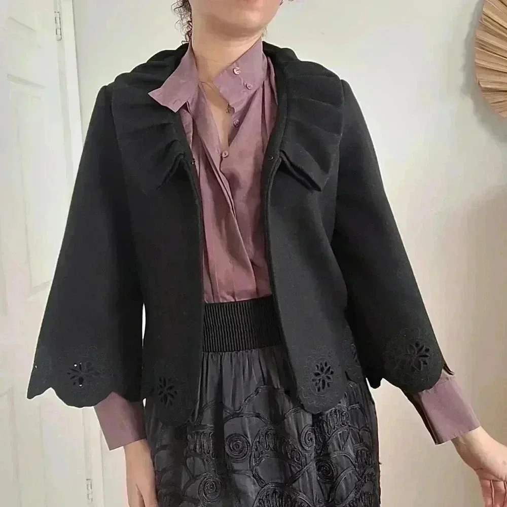 MARC JACOBS BLACK WOOL AND COTTON PONCHO 3/4 SLEEVE BLAZER